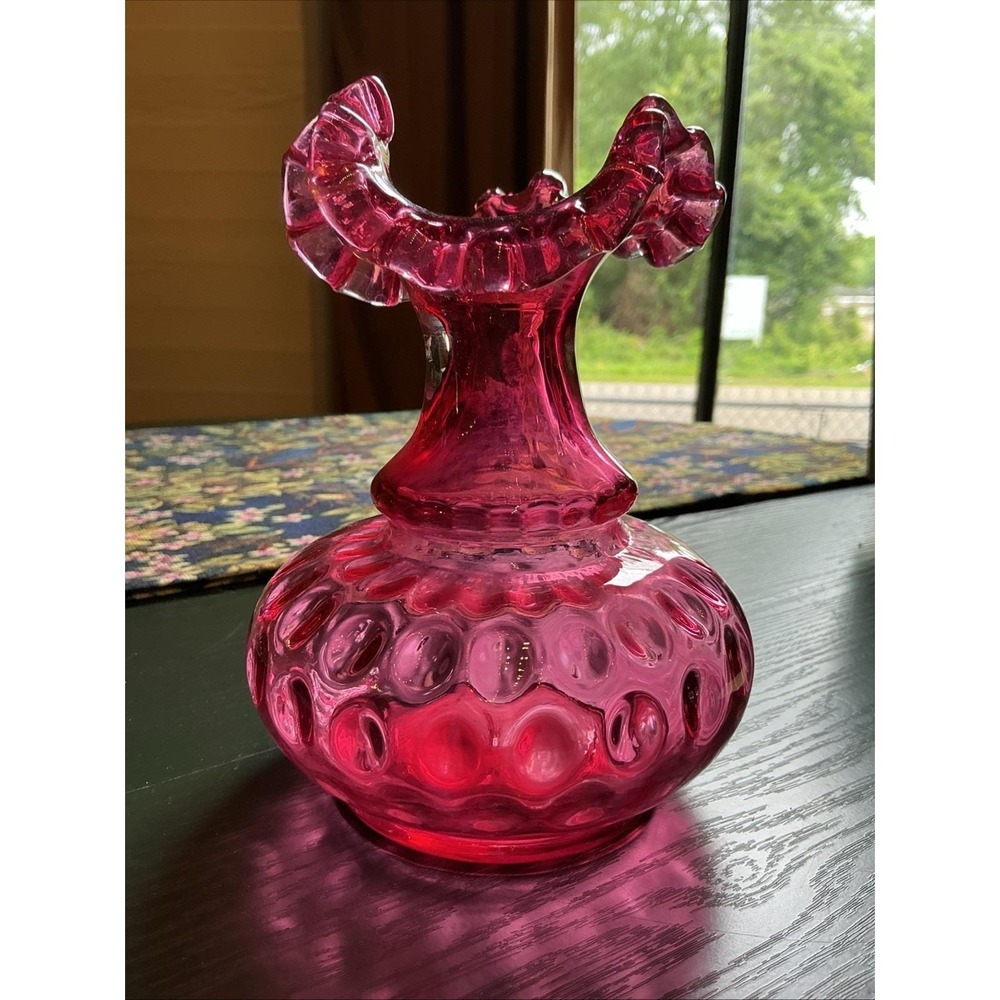 Vintage 6.25" Fenton Glass Cranberry Coin Dot Thumbprint Ruffled Vase